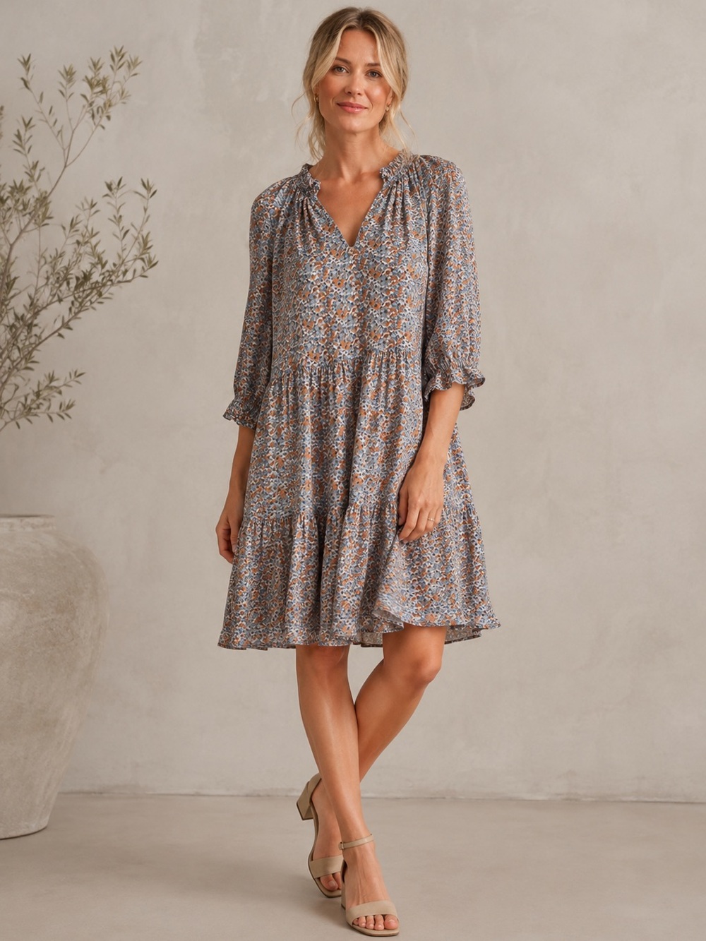 The Korner Flowy Chiffon A-Line Dress Dusty Blue And Brown Floral Pattern Size M